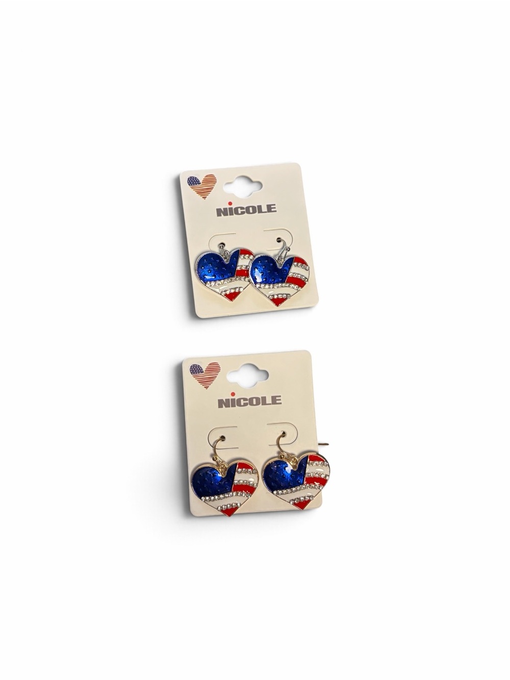 USA Flag Heart Bling Earrings Silver OR Gold